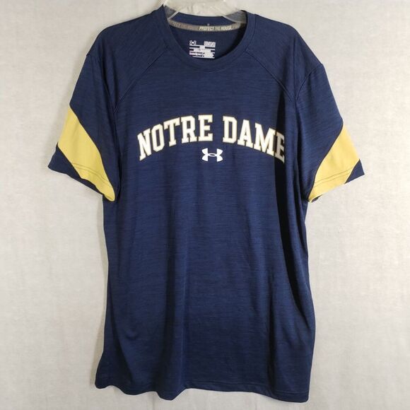 Under Armour Men's Medium Tee Shirt Blue Yellow Notre Dame Loose Fit Heat‎ Gear - Picture 1 of 9